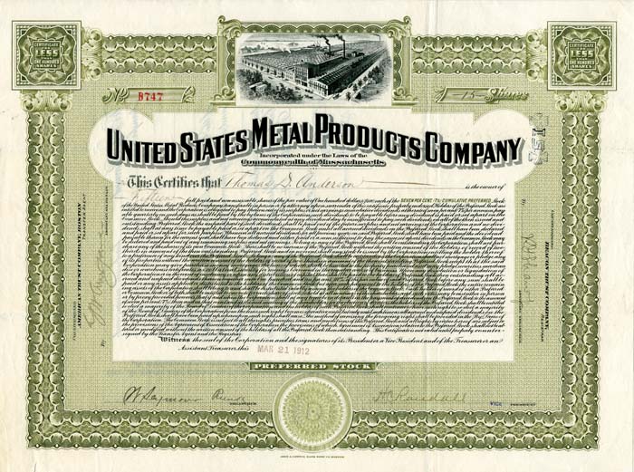 United States Metal Products Co. - Stock Certificate